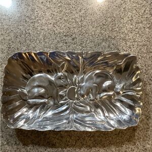 Silver Metal Rectangular Serving Tray with Bunny Pattern